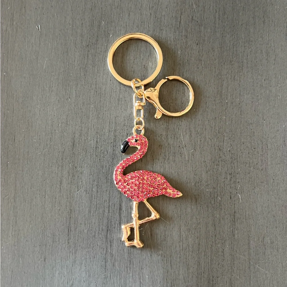 Flamingo Hot Light Pink Allover Rhinestone & Gold 2.5” Keychain Bag Purse Charm
